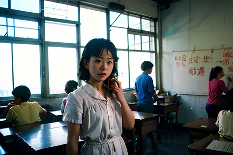 Photos of Erjie：1girll，独奏，‎Classroom，sitted，pupils，Summer of the 80s。（Clear face and realistic：1.5）, An interior masterpiece，Bes...