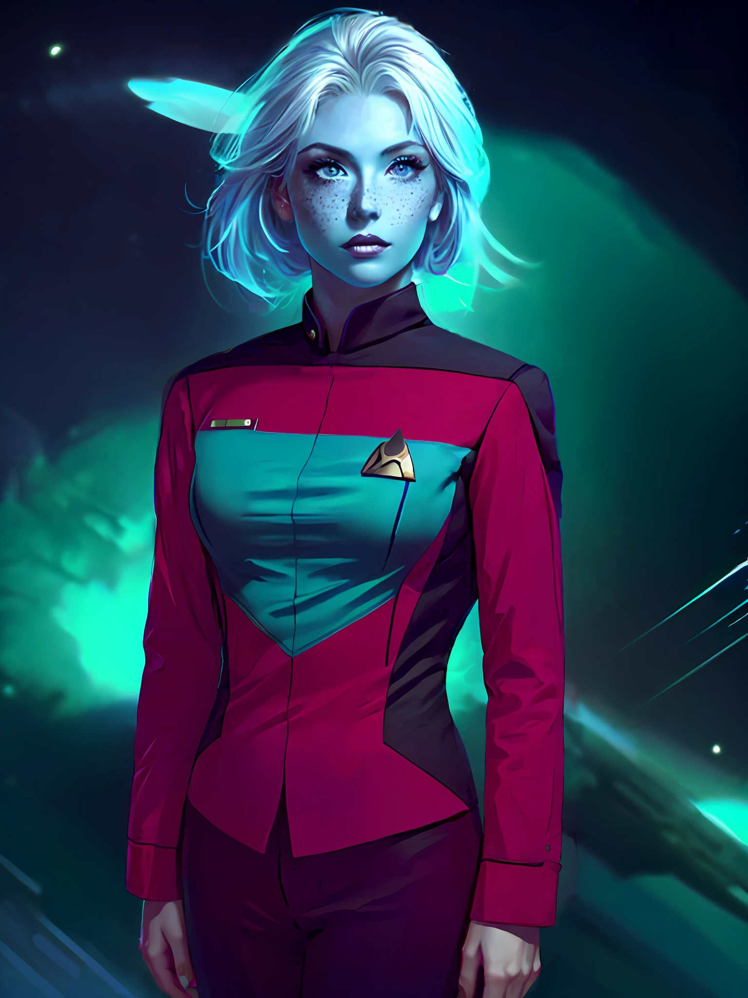 (blue skin color),(a young woman in a command s3sttngsuit uniform, red uniform:1.5), perfect body, straight hair, hairstyle, (white hair), (blue eyes), glow white particles, spaceship background, (masterpiece, top quality, best quality, official art, beautiful and aesthetic:1.2),(cute face, young face:1.3),freckles