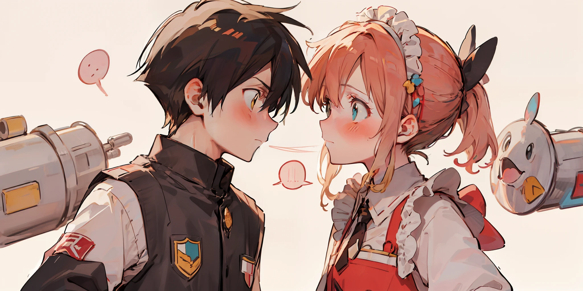 intense eye contact, romantic, intimate atmosphere,castle,girl in maid outfit and yellow ponytail and turquoise eyes,boy with short black hair,shy,wear black vest (girl:1.2+boy:1.1) look at each other, intense emotions)