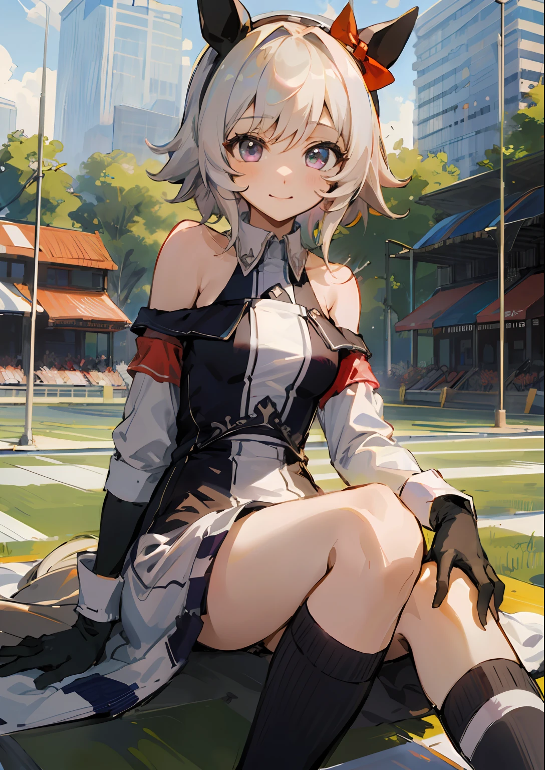 ((top-quality、​masterpiece:1.3))、{{​masterpiece}}、illustratio、top-quality、
Karen-chan \(Umamusume\), A smile, Park,Racing Wear、
Black and white vertical striped dress、bare shoulders​、off shoulders、long-sleeve、Dresses with collar、gloves、low angles、frombelow、knee sox、dynamicposes:1.3、knee sox、独奏、The background is the city