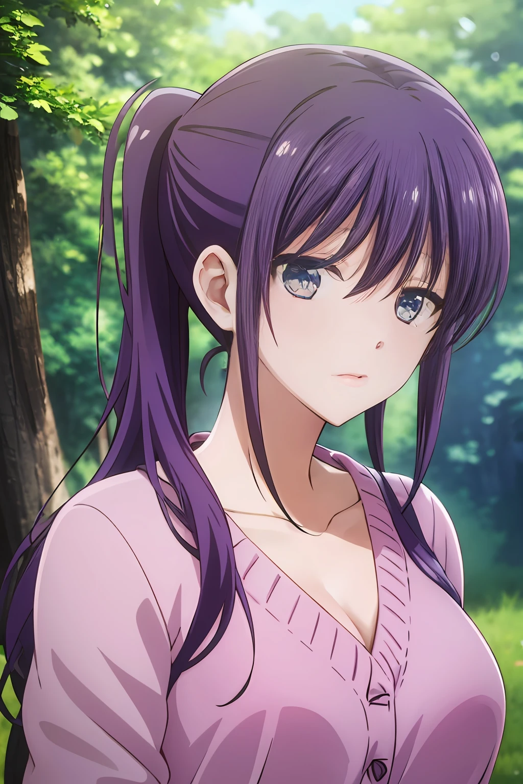 masterpiece, (best quality), 1woman,1girl ,ao horie,  purple hair ,ponytail,  long hair, blue eyes,white shirt,cardigan,sexy woman,hair between eyes ,closed clothes, vibrant colors ,natural lighting  ,RTX,  large breasts, beautiful, (detailed face:1.2), showcase, (perfect eyes:1.1) ,(photorealistic:1.1), 8k uhd,  looking at viewer, outdoors,  simple backround,