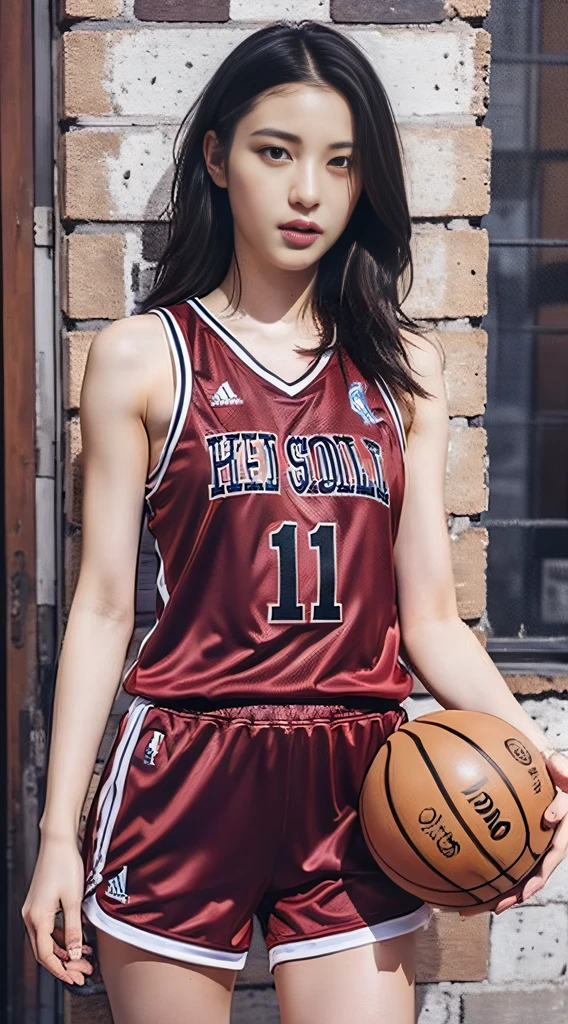 1girl in,basketball,red_basketball_uniform, Black_Eyes, Black_hair, Clothes_Writing_10, Holding_ball, Jersey, s lips, Shoulder-length hair realistic, 独奏,