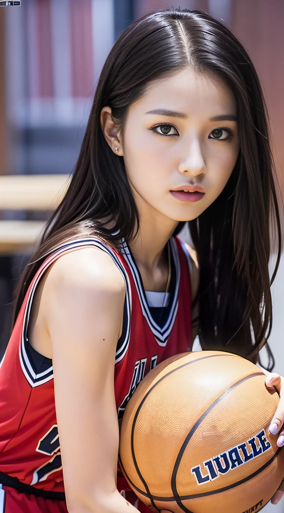 1girl in,basketball,Red uniform, Black_Eyes, Black_hair, Clothes_Writing_10, Holding_ball, Jersey, s lips, Shoulder-length hair realistic, 独奏,