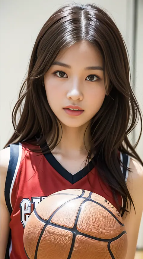 1girl in,basketball,red uniform, black_eyes, number 10, ball, jersey, s lips, shoulder-length hair realistic, 独奏,basket goal、