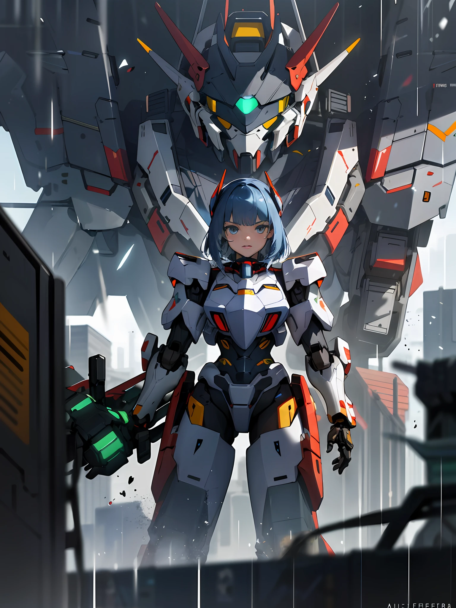 Personagem de anime com armadura futurista em um cenário de cidade, arte mecha, mecha humanóide pictórico, Alexander Ferra Mecha, Mecha Feminina, estilo mecha legal, terno mecha, anfas retrato meu warrior, mecha estética, retrato meu, Inspiração Mecha, garota com armadura cibernética mecha, Chuvas de anime mecha modernas