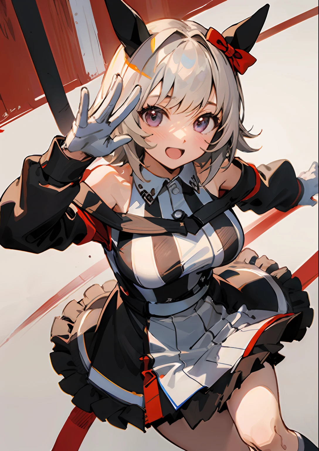 ((top-quality、​masterpiece:1.3))、{{​masterpiece}}、illustratio、top-quality、
Karen-chan \(Umamusume\), A smile, Park,Racing Wear、
Black and white vertical striped dress、bare shoulders​、off shoulders、long-sleeve、Dresses with collar、gloves、、From  above、Kamimei、knee sox、dynamicposes:1.3、knee sox、独奏、The background is the city