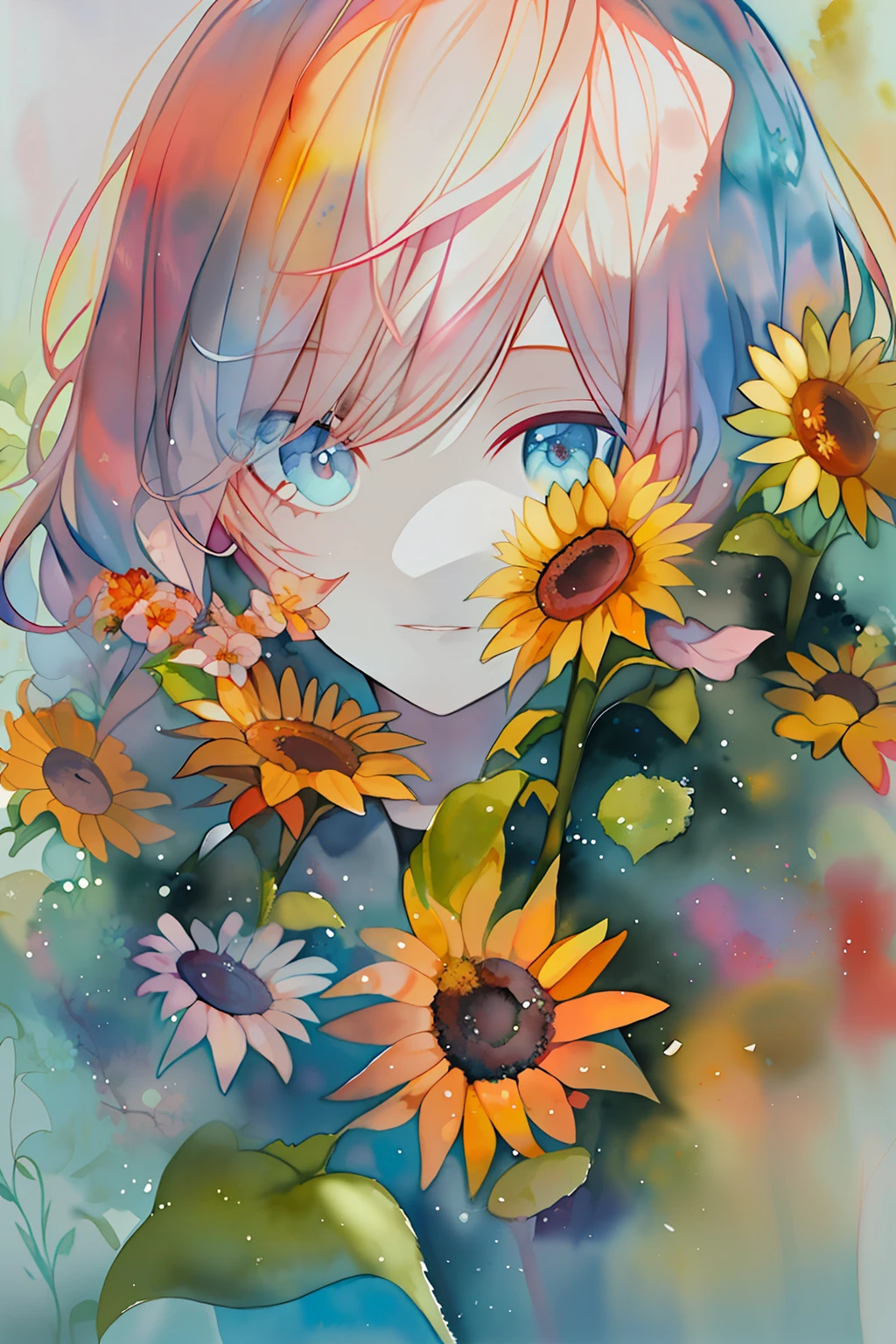 (aquarelle:1.2),1girll, Solo, flower, sunflower,freckle, Portrait, leafs, bangs, pink flower, (Light gold long) Hair, ((Delicate blue lens eyes)), hair between eye,