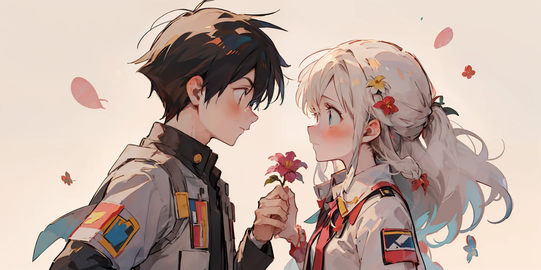 Profile, 1black long haired girl with turquoise eyes and shy, 1 boy with dark hair and holding a flower giving the girl, Looking at others, making eye contact, shirt, shirt have a neck