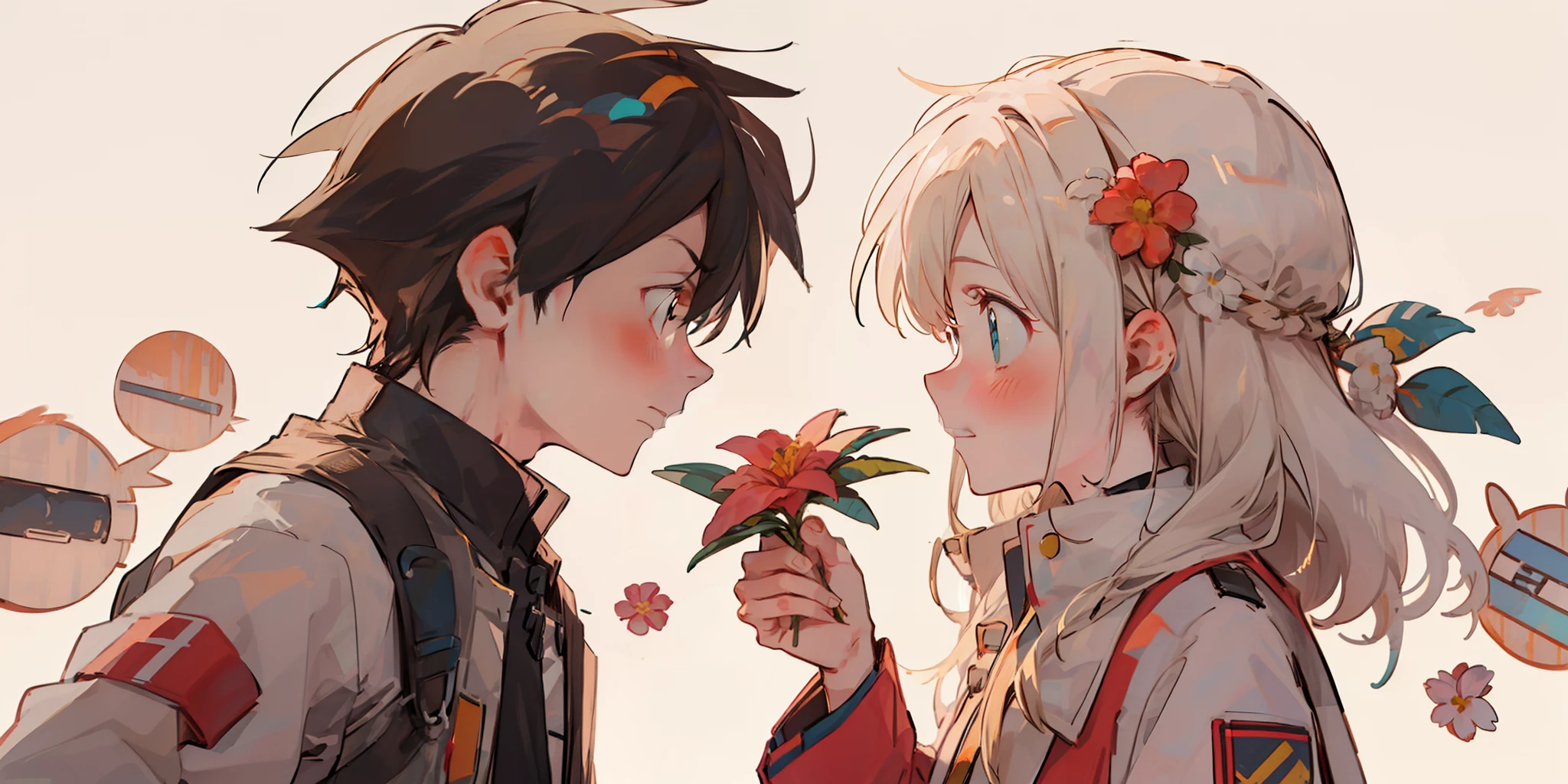 Profile, 1black long haired girl with turquoise eyes and shy, 1 boy with dark hair and holding a flower giving the girl, Looking at others, making eye contact, shirt, shirt have a neck