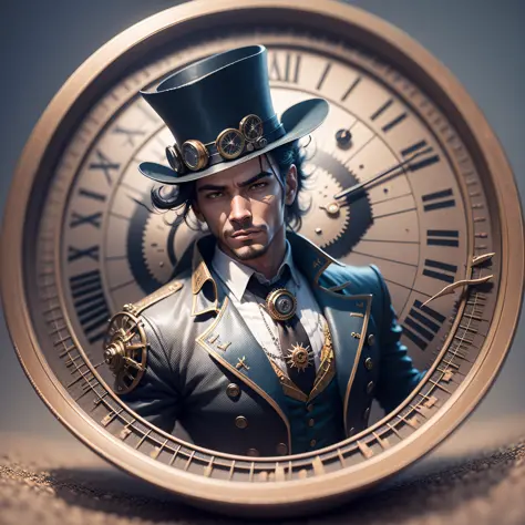 relojoeiro, Jovem garoto steampunk, corpo masculino, roupas velhas, Torn top hat with gears and watches, Londres, Reflection in ...