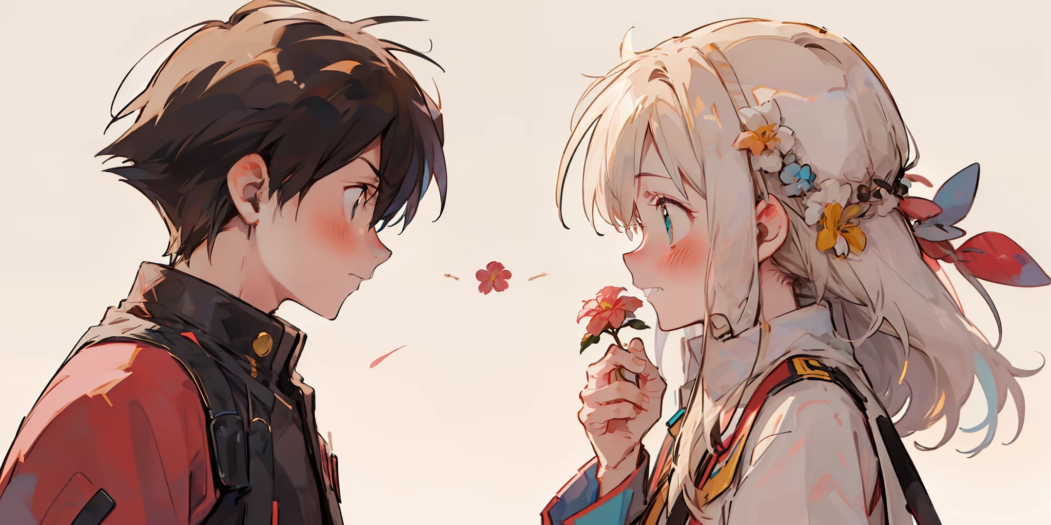 Profile, 1black long haired girl with turquoise eyes and shy, 1 boy with dark hair and holding a flower giving the girl, Looking at others, making eye contact, shirt, shirt have a neck