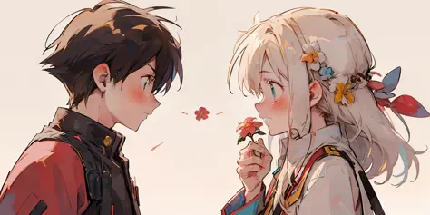 profile, 1black long haired girl with turquoise eyes and shy, 1 boy with dark hair and holding a flower giving the girl, looking...