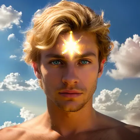 arafed man with a star on his forehead and a bright star on his forehead, glowing halo above his head, portrait of magical blond...