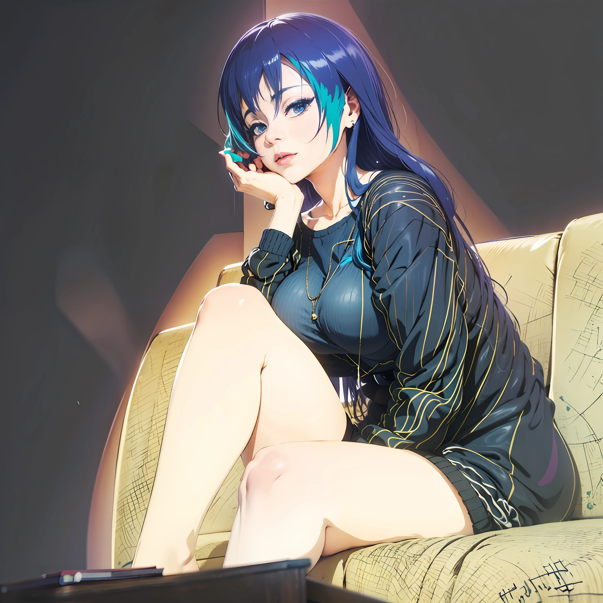 anime girl sitting on a couch with her legs crossed, inspired by moona hoshinova, 2 d anime style, made with anime painter studio, anime moe artstyle, [ digital art ]!!, in an anime style, in anime style, paint tool sai!! blue, anime artstyle, cel - shaded art style, unknown artstyle, sitting on the couch (gg unity, 8k wallpaper, ultra HD, master piece, best highlight, cool light), (living room, couch, dim light), (1girl,solo) ((blue medium hair, with green highlight hair), fair skin, simetrical face, beautifil face (high detail eyes, green eyes)), (poker face, seductive lip), ((big breast, best body drawing, wearing black jumper jacket), bare leg exposed), view front rigth botom edge.