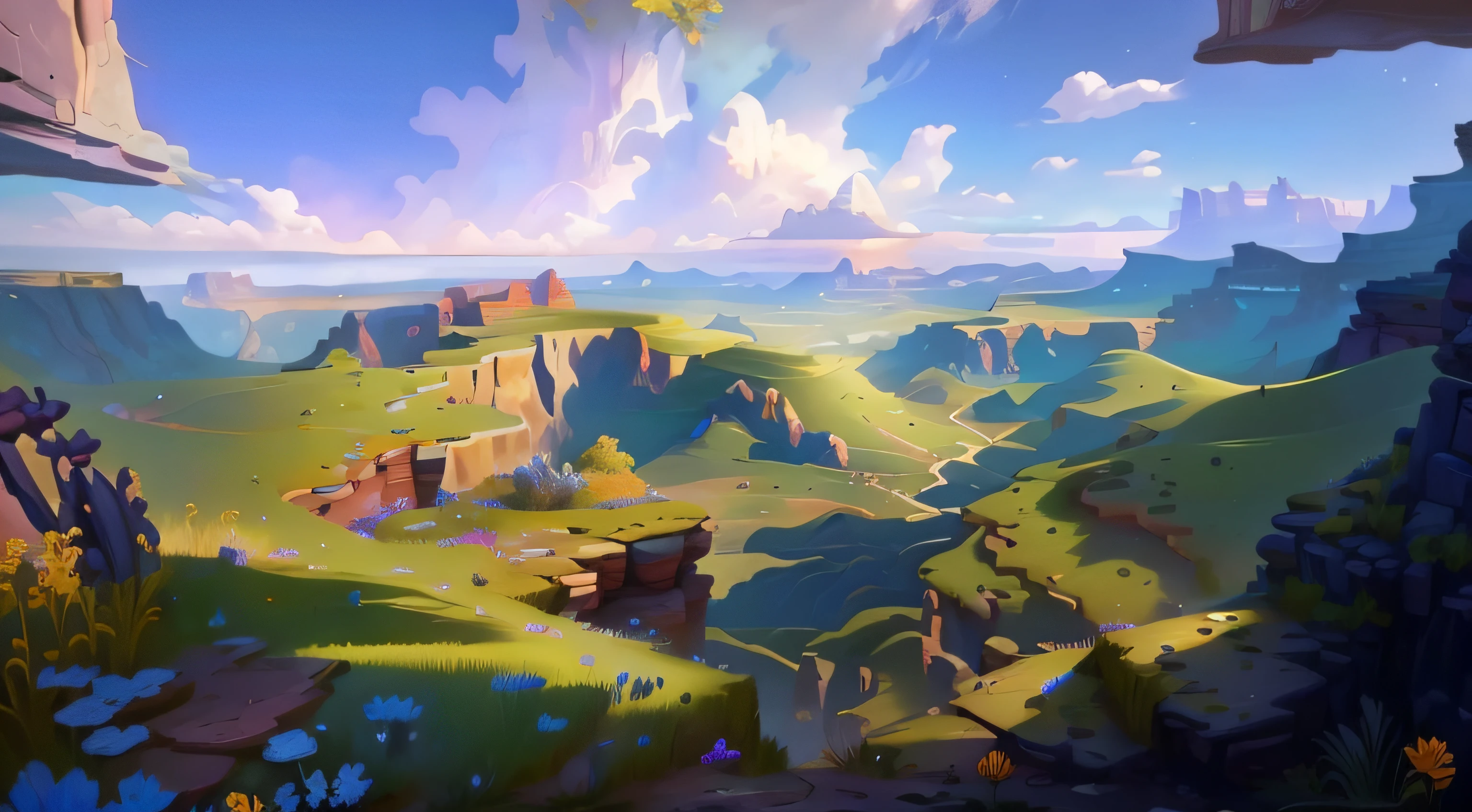 A Painting Of A Mountain With A Valley And A Sky - Seaart Ai