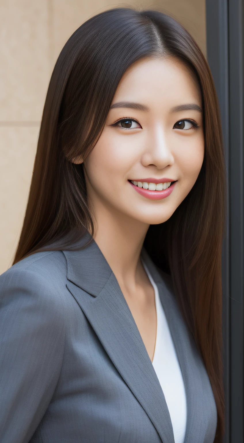 Asian woman in suit posing for one photo, A smile、One girl in a suit,Close-up portrait taken in a single photo, closeup portrait shot,  Wearing a gray business suit, professional closeup photo, full body Esbian、 is wearing  jacket, close up half body shot, Japanese Models, close up portrait photo、Detailed background