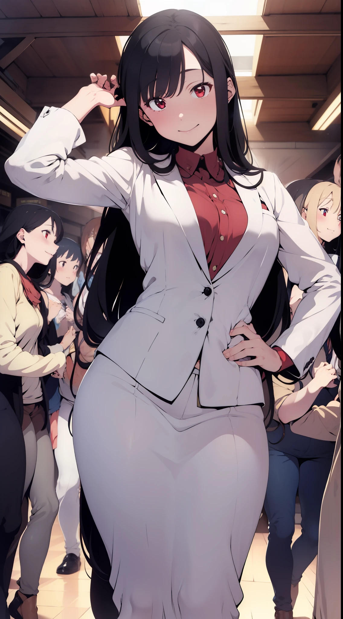 one woman,lightslategray suit,sexy pose,tiny breasts,tall of a person,gleaming skin,beautiful face,smiling,long hair,wave hair,black hair,red eyes,Crowd of People,illustration style,anime style,masterpiece, extremely fine and beautiful,illustration,adult woman