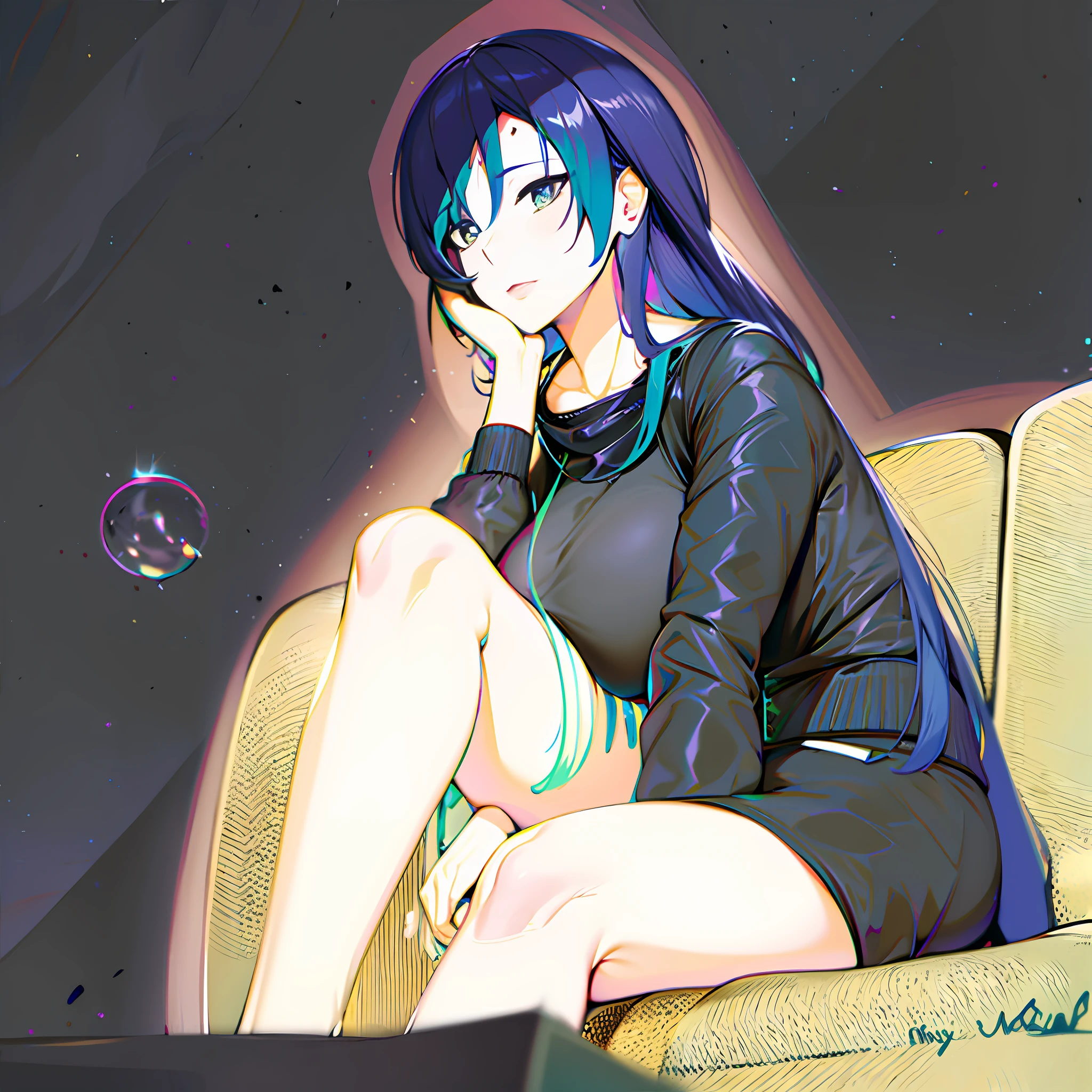 anime girl sitting on a أريكة with her legs crossed, مستوحاة من مونا هوشينوفا, أسلوب الأنمي ثنائي الأبعاد, تم صنعه بواسطة استوديو رسام الأنمي, أنيمي مو نمط الفن, [ الفن الرقمي ]!!, بأسلوب الأنمي, بأسلوب الأنمي, أداة الطلاء ساي!! أزرق, أنيمي فن ستايل, سل - أسلوب الفن المظلل, أسلوب فني غير معروف, sitting on the أريكة (وحدة زز, خلفية 8K, الترا اتش دي, تحفة, أفضل تسليط الضوء, ضوء بارد), (غرفة المعيشة, أريكة, ضوء خافت,الجدار الأرجواني), (1فتاة,وحيد) ((أزرق medium hair, مع تسليط الضوء على الشعر الأخضر), بشرة عادلة, وجه متماثل, وجه جميل (عيون عالية التفاصيل, عيون خضراء)), (وجه بلا تعبيرات), ((الثدي الكبير, أفضل رسم للجسم, جسم سميك, ساق سميكة), (يرتدي سترة البلوز السوداء), (مكشوفة الساق العارية)), عرض الحافة السفلية اليمنى.