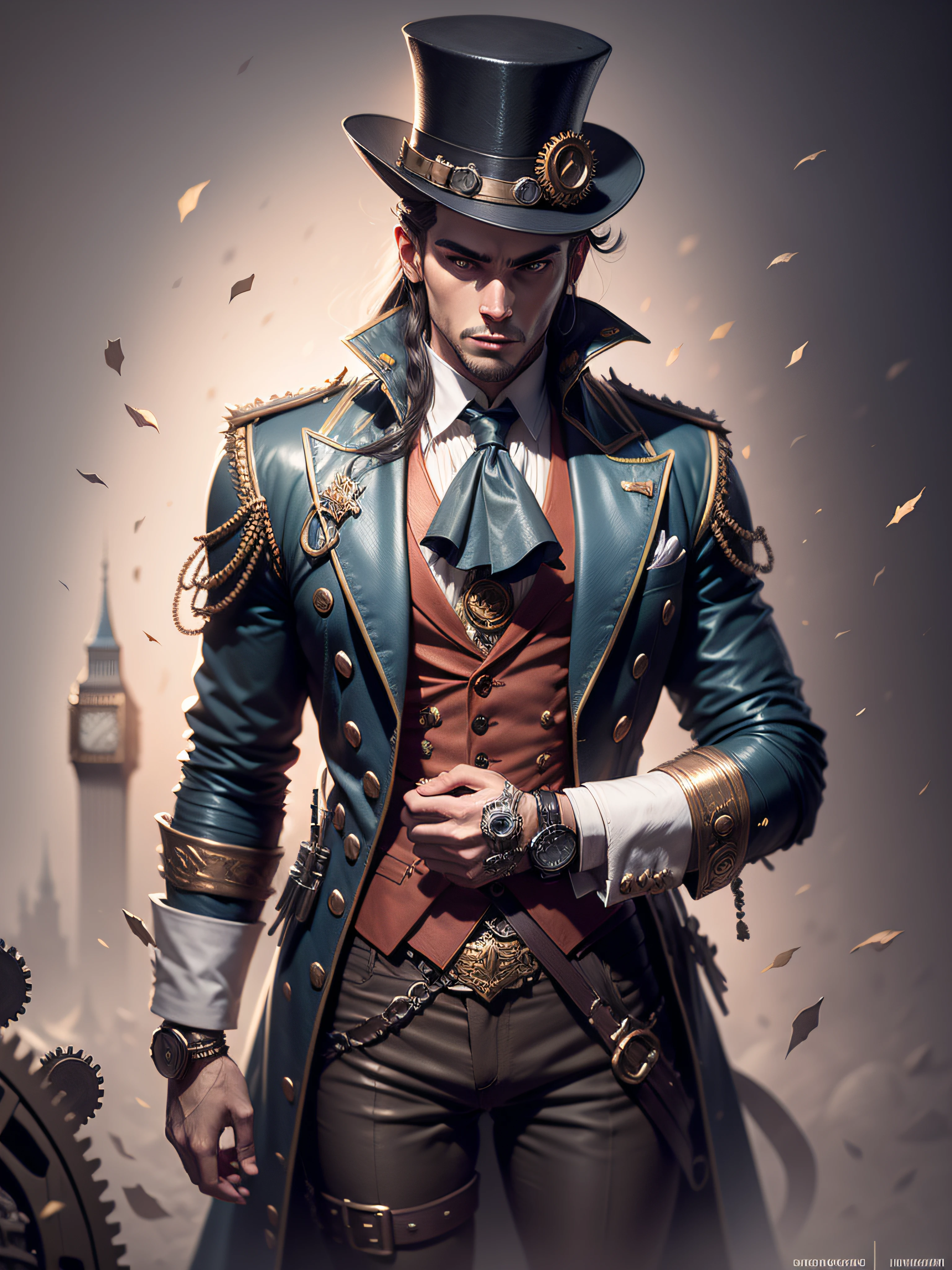 relojoeiro, Jovem garoto steampunk, roupas masculinas, corpo masculino, roupas velhas, Torn top hat with gears and watches, Londres, Fragmentos de corrente no ar, texturas ultra detalhadas, estilo arcano, 3D watercolor illustration, Lineart ultra realista, detalhamento preciso em cada elemento da imagem. Professional image composition. professional illustration. Image of the contest champion. Detalhamento em cada pixel. qualidade impressionante. 8k.