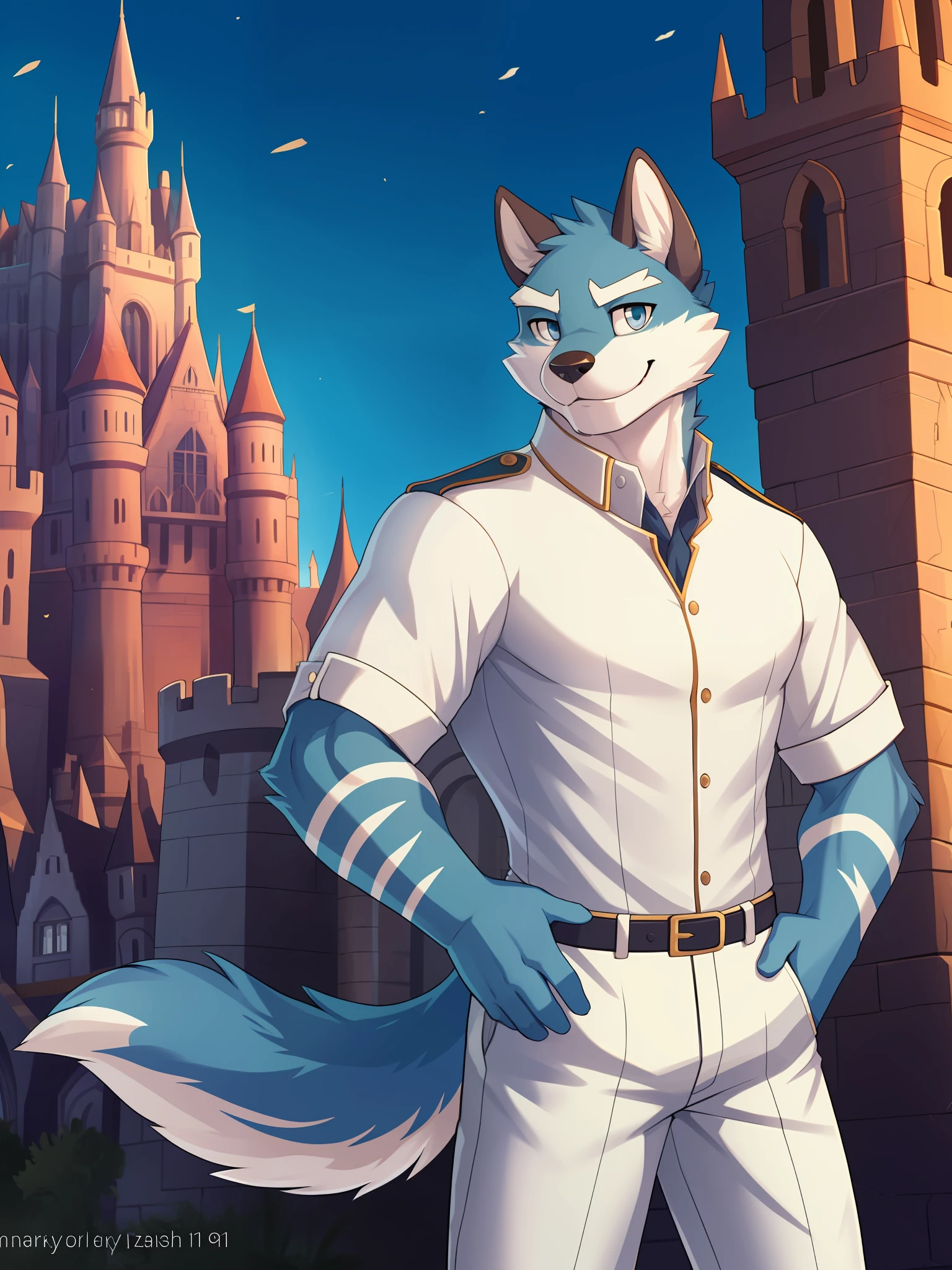 argo, solo, shirt, 1boy, male focus, uniform, bara, (white uniform), by zackarry911, by zaush, (by personalami:0.5), solo, male, (dynamic pose:1.3), zootopia style, detailed background, smiling, smiling, looking at viewer, (soft shading), 4k, hi res, dark theme, white pants, castle, front view, hands on the hips