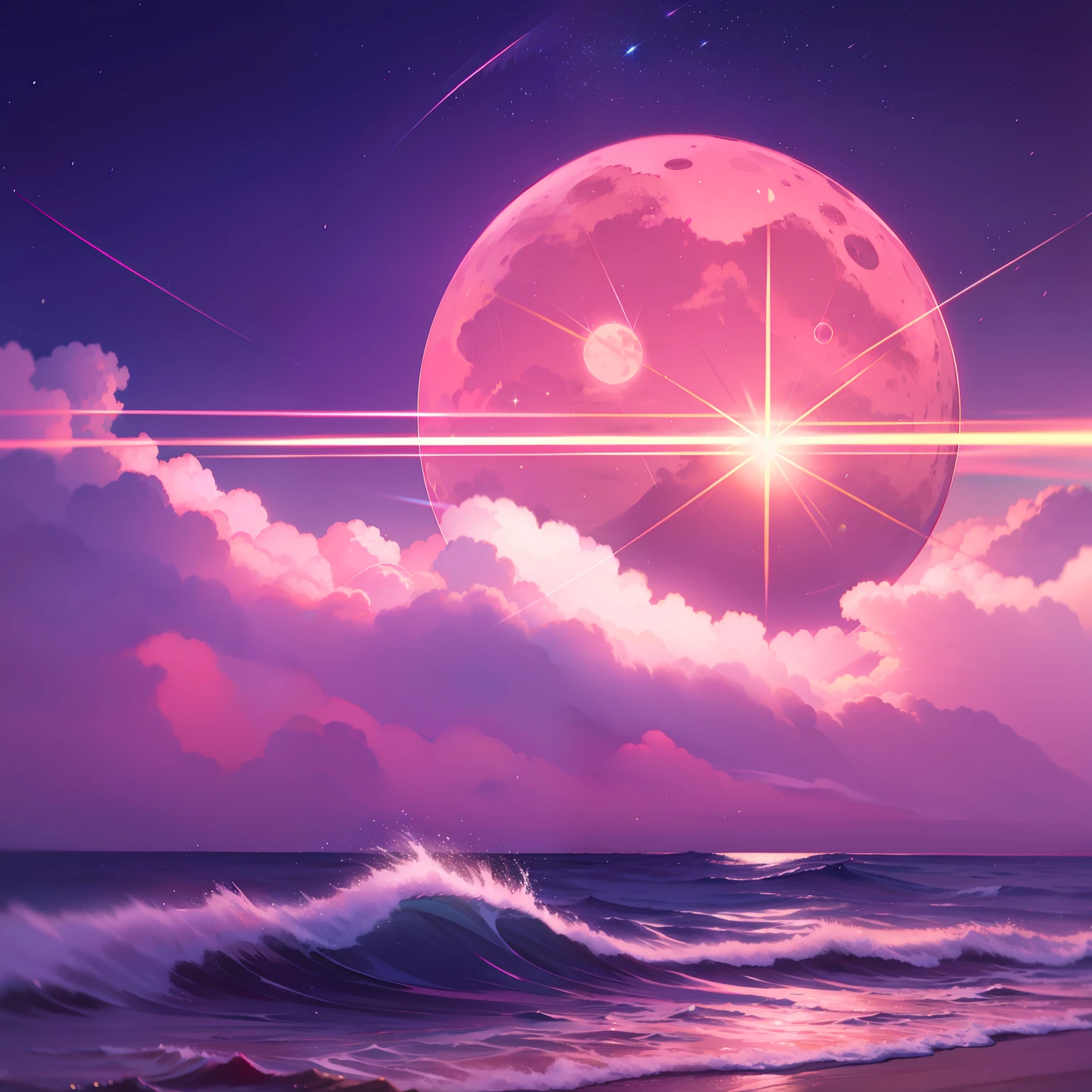 Pink moon, pink sky, pastel pink clouds, pink waves sparkling, sparkling, pink ocean, fantasy, soft lighting, ultra hd, realism, cinematic effects, lens flare