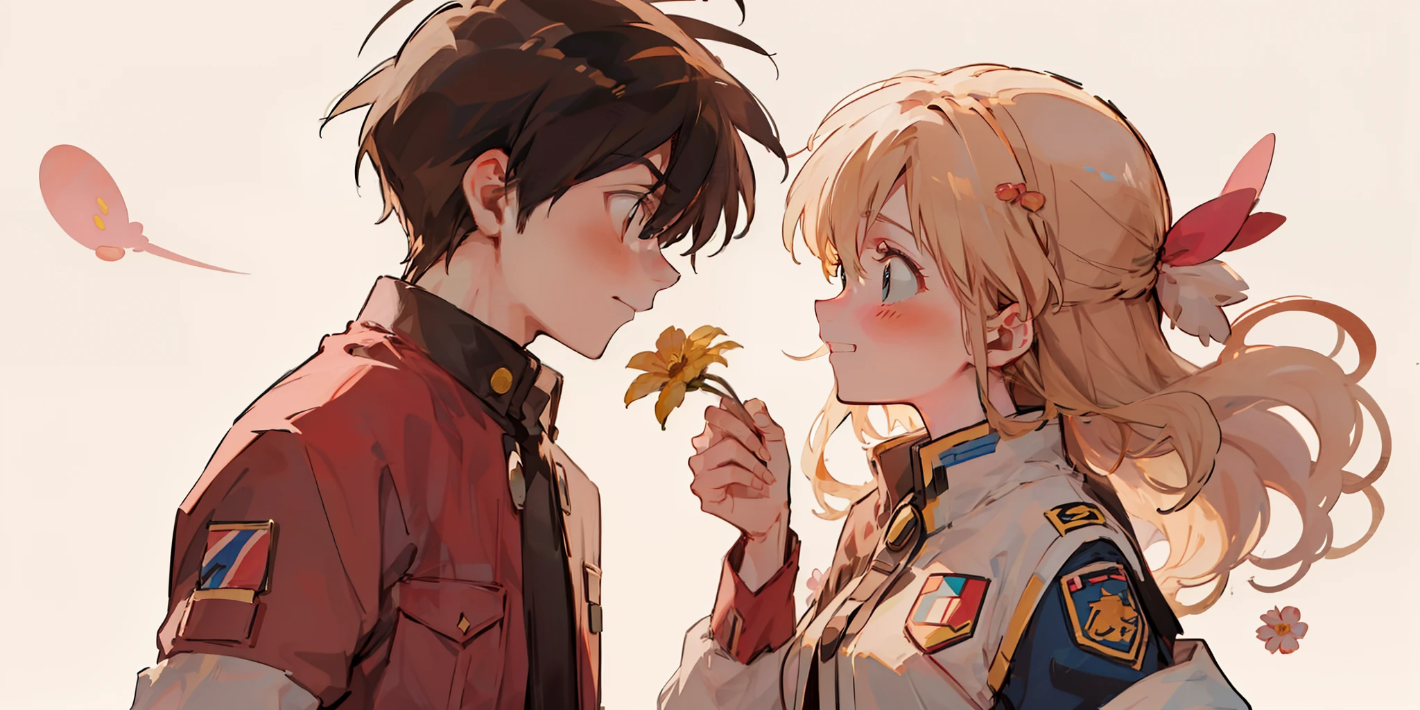 intense eye contact, intimate, romantic atmosphere, girl in casual dress and long blonde hair, blue eyes, shy, short black haired boy holding a flower and giving it to the girl and smiling smiling, patting my head (girl: 1.2+ boy: 1.1) looking at each other, intense emotion)