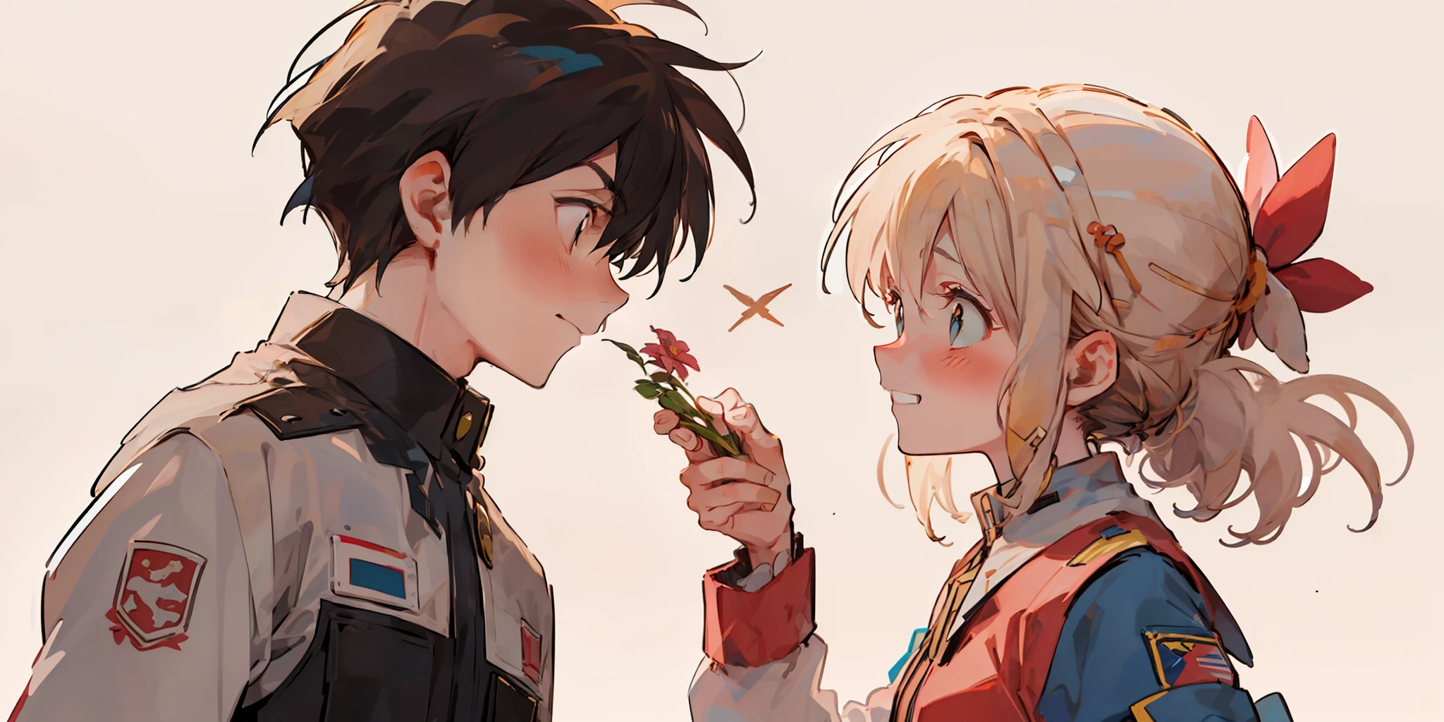 intense eye contact, intimate, romantic atmosphere, girl in casual dress and long blonde hair, blue eyes, shy, short black haired boy holding a flower and giving it to the girl and smiling smiling, patting my head (girl: 1.2+ boy: 1.1) looking at each other, intense emotion)