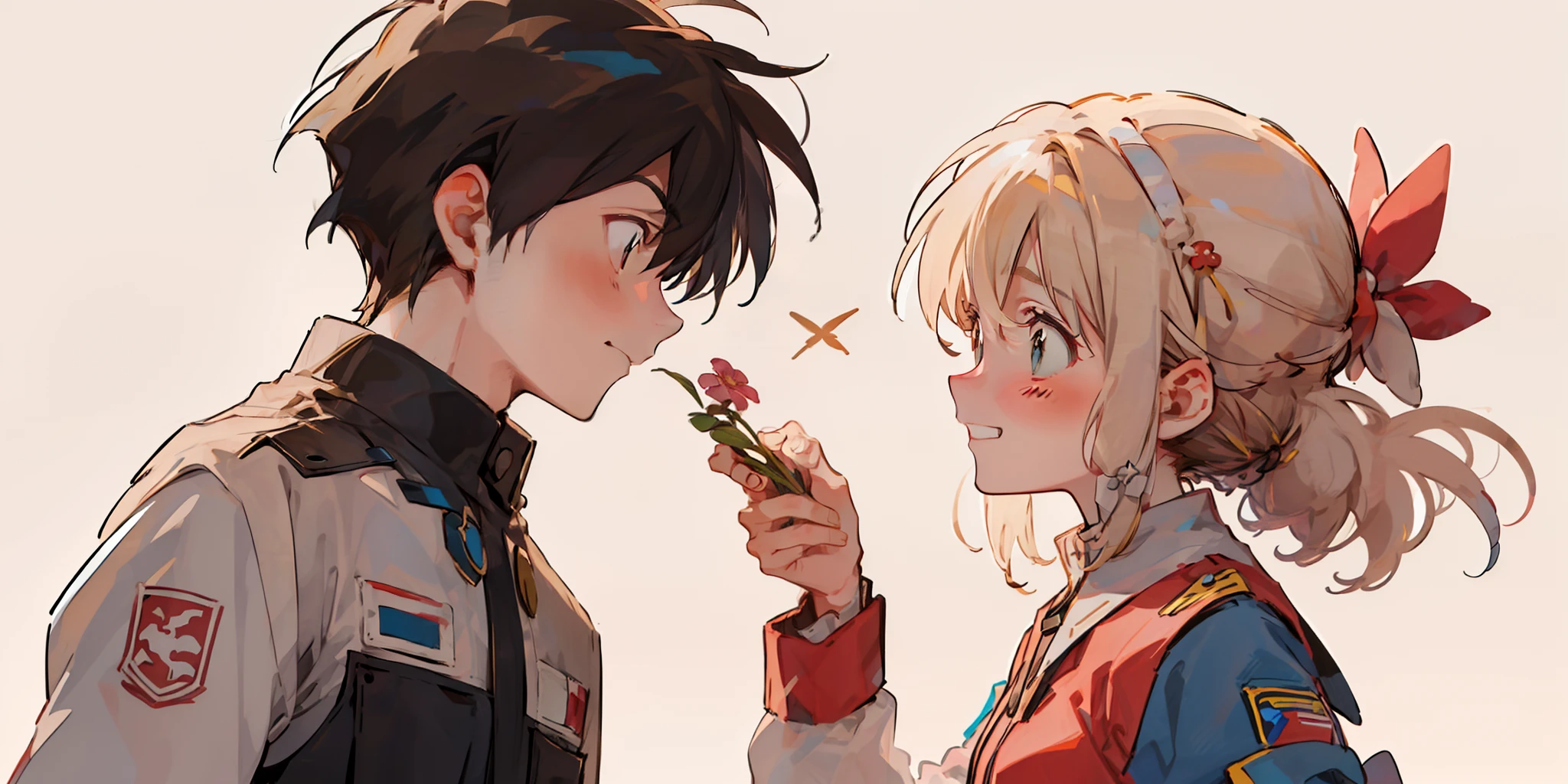 intense eye contact, intimate, romantic atmosphere, girl in casual dress and long blonde hair, blue eyes, shy, short black haired boy holding a flower and giving it to the girl and smiling smiling, patting my head (girl: 1.2+ boy: 1.1) looking at each other, intense emotion)