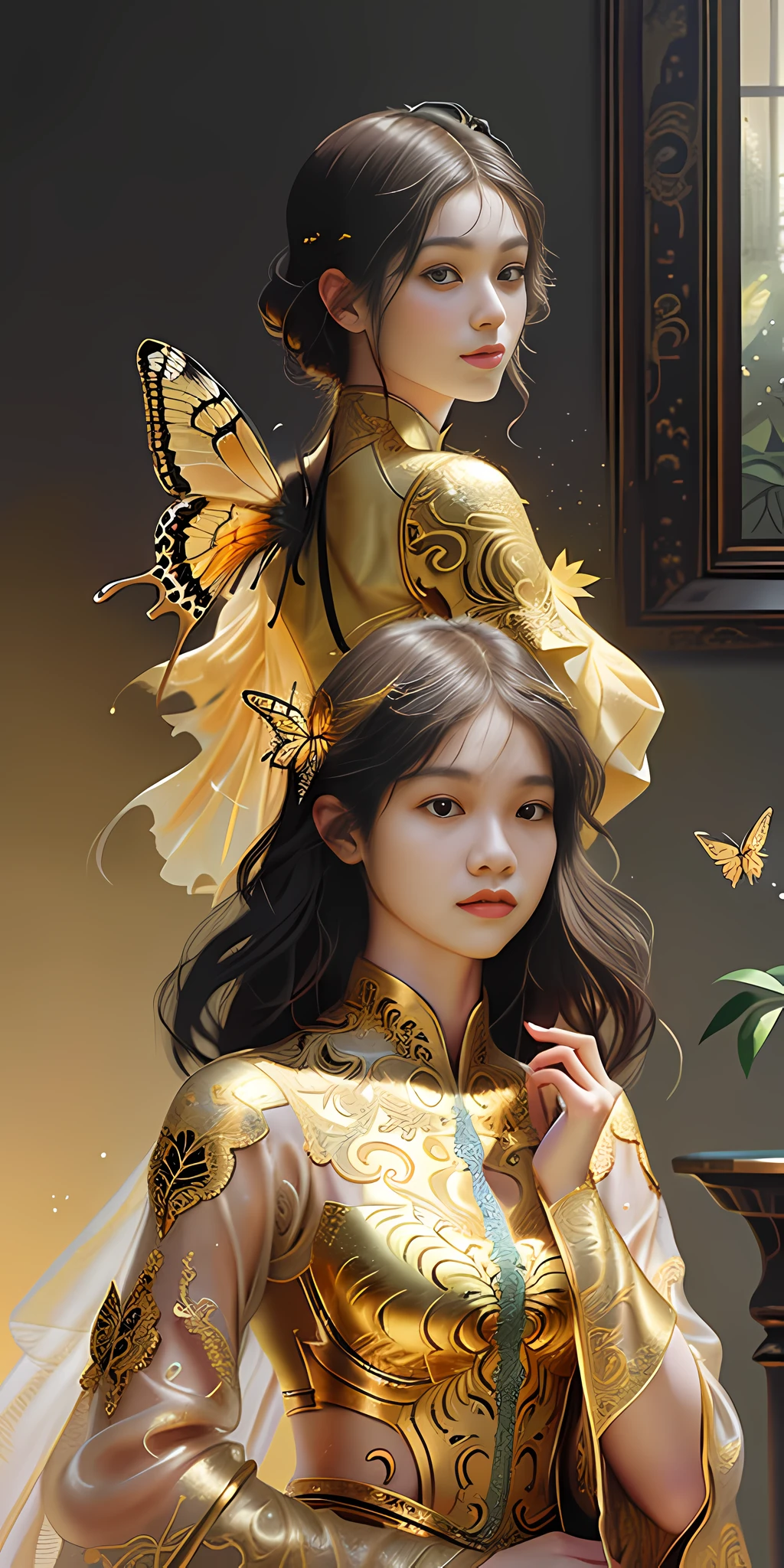 18yo girl
, gold butterfly filigree
, Backlight
, Golden section composition
, (Masterpiece
, fine detailed beautiful eyes: 1.2)
,8K
, Portrait
, Intricate
, elegant
, Highly detailed
, Majestic
, Digital photography
, art by artgerm and ruan jia and greg rutkowski surreal painting
, hdr
,glddrp