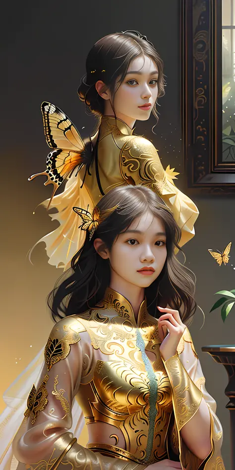 18yo girl
, gold butterfly filigree
, Backlight
, Golden section composition
, (Masterpiece
, fine detailed beautiful eyes: 1.2)...