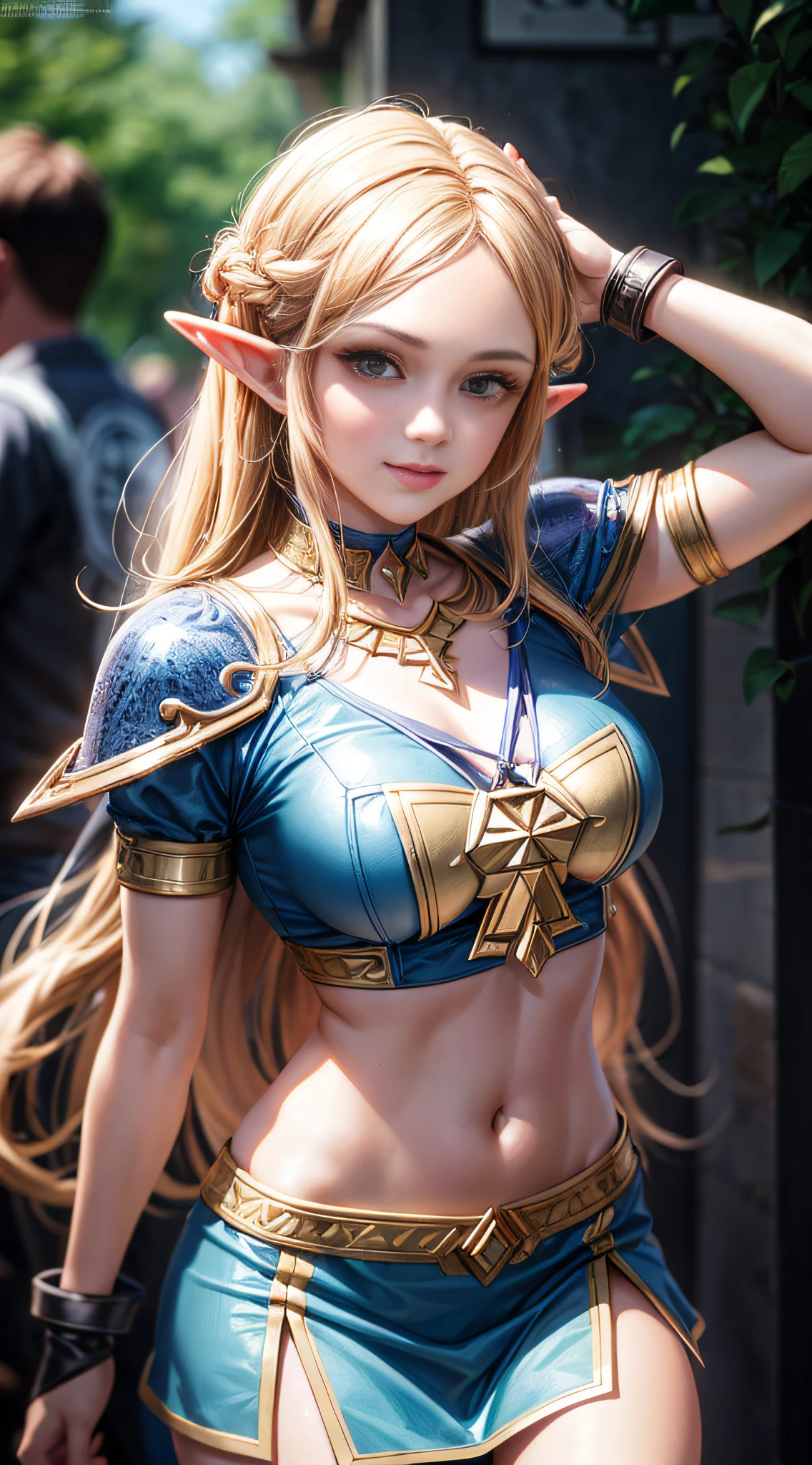 Link de la leyenda de zelda con traje azul y beige sosteniendo poses de combate como en streetfighter, Zelda, Retrato de Zelda, de lenda de Zelda, Enlace de la leyenda de Zelda, enlace de Zelda, fotos de cosplay, cosplay ornamentado, cosplay profissional, cosplay, cosplay Completo, Artgerm Moody Fotografia, Campos Hyrule, trazado de rayos, renderizado 3D, extremadamente detallado, alta calidad, luz e sombra realistas, pelo rubio, reflejo de los ojos, sonrisa ligera, trazado de rayos, trazado de rayos, alto detalle, Realismo, hiper-realismo, Profundidad de campo, iluminación cinematográfica, desenfoque de movimiento, brillar, luz brillante, rayos de dios, trazado de rayos, luz reflejada, imagen remanente, múltiples vistas, Destello de lente, bokeh, 4k, uhd, parte maestra, anatómicamente correcto, piel texturizada, Súper detalle, alta calidad, mejor calidad, 8k