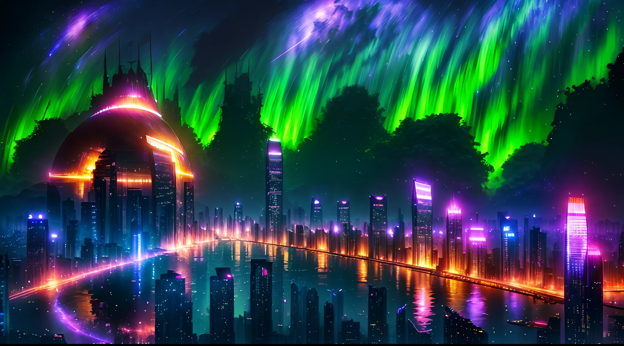 (deep in the night, deep in the night, deep in the night) I see a beautiful, detailed 8k artwork with a sugary pink crystal city, sparkling gold, and a fairytale landscape against a magical night sky.8k,((huge full city)),(space city),(nothern lights,detailed),((high quality))