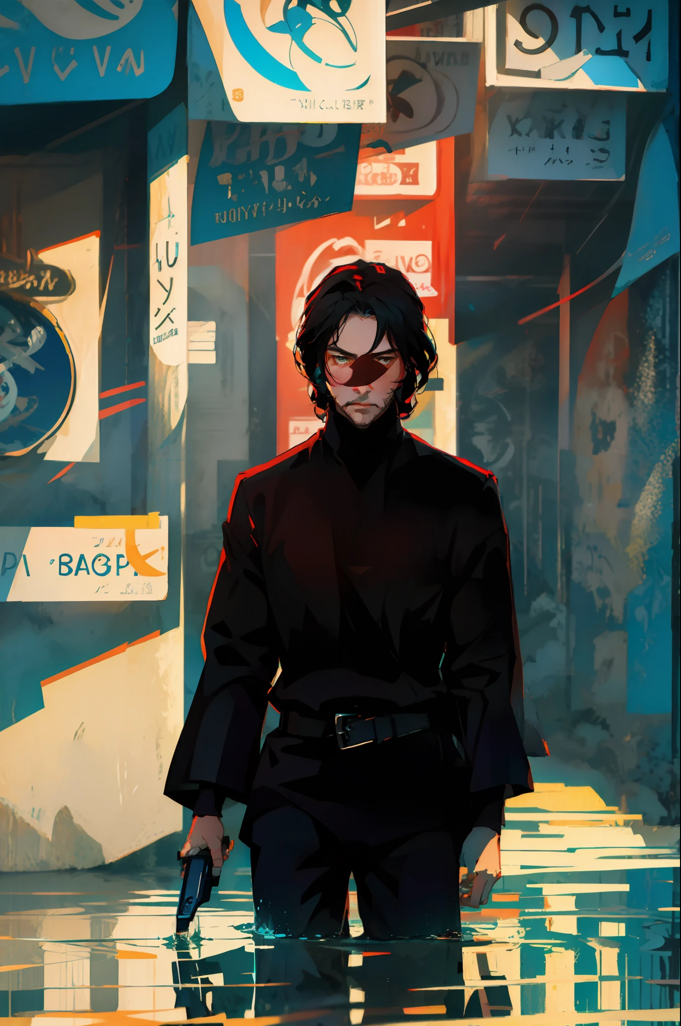 The perfect masterpiece,Highest quality,Perfect artwork,8K, Upper Body Lens,front portrait,Delicate face,john wick holding a gun, sitting on a street, relfection of soul reaper in the water, Digital Art,plane illustrations,colorful illustration,minimalist style,anime cartoon style,