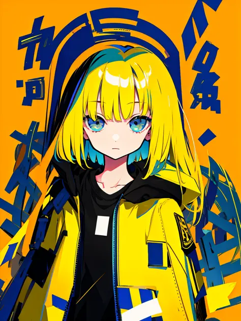 masterpiece, good quality, typography, 1girl, upper body, raincoat, flat clolor, (pop art, cyber:0.5), simple background, (disto...