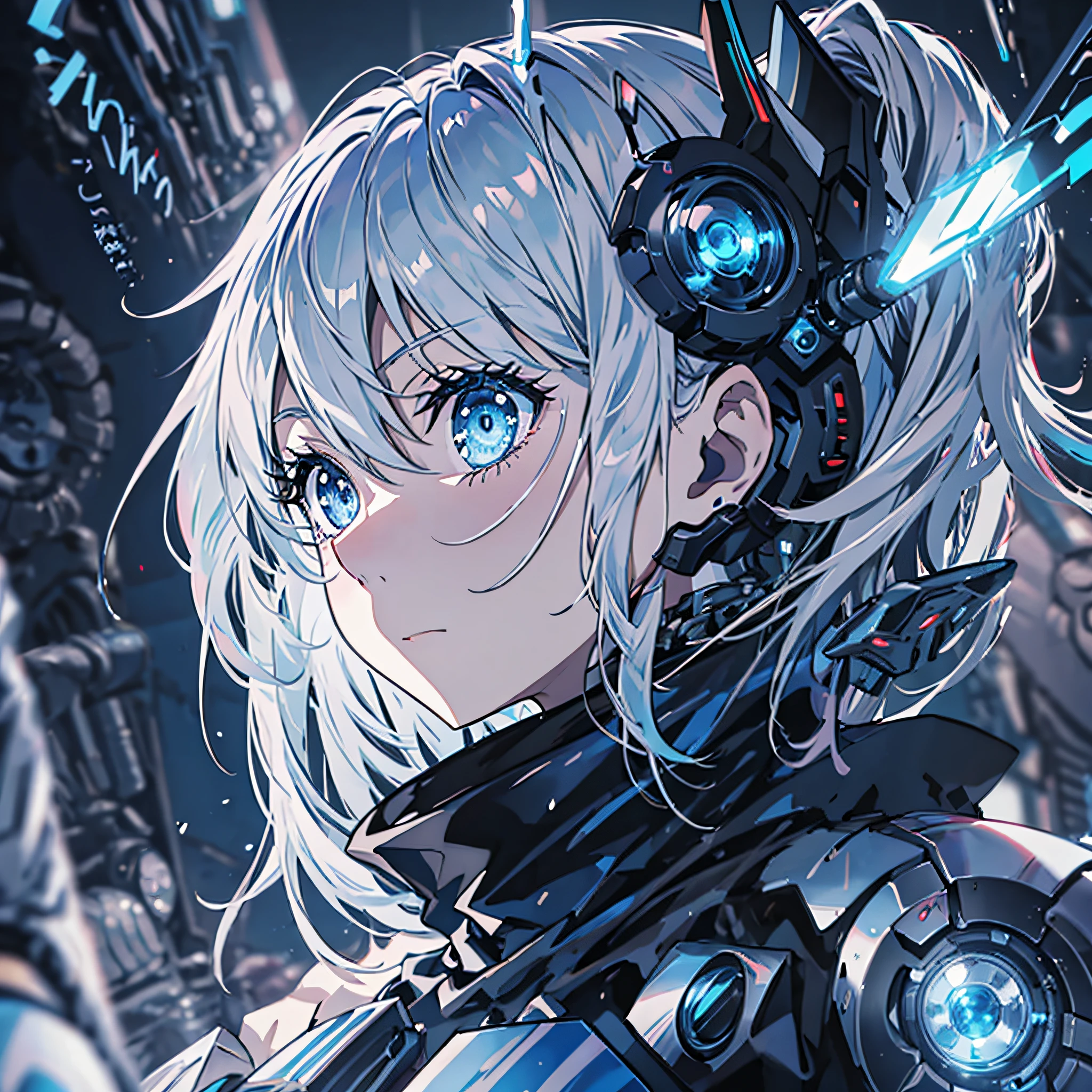 (Menina anime with blue eyes), melhor papel de parede de anime 4k konachan, com olhos azuis brilhantes, anime robótico misturado com orgânico,olhos azuis de ciborgue, anime cyborg, cyberpunk Menina anime mech, mecha estética, seus olhos brilhando em azul, um adolescente ciborgue biopunk, anime mangá robô!! Menina anime, olhos metálicos e brilhantes, (ampliação:1.5), expressão legal, rosto de perfil