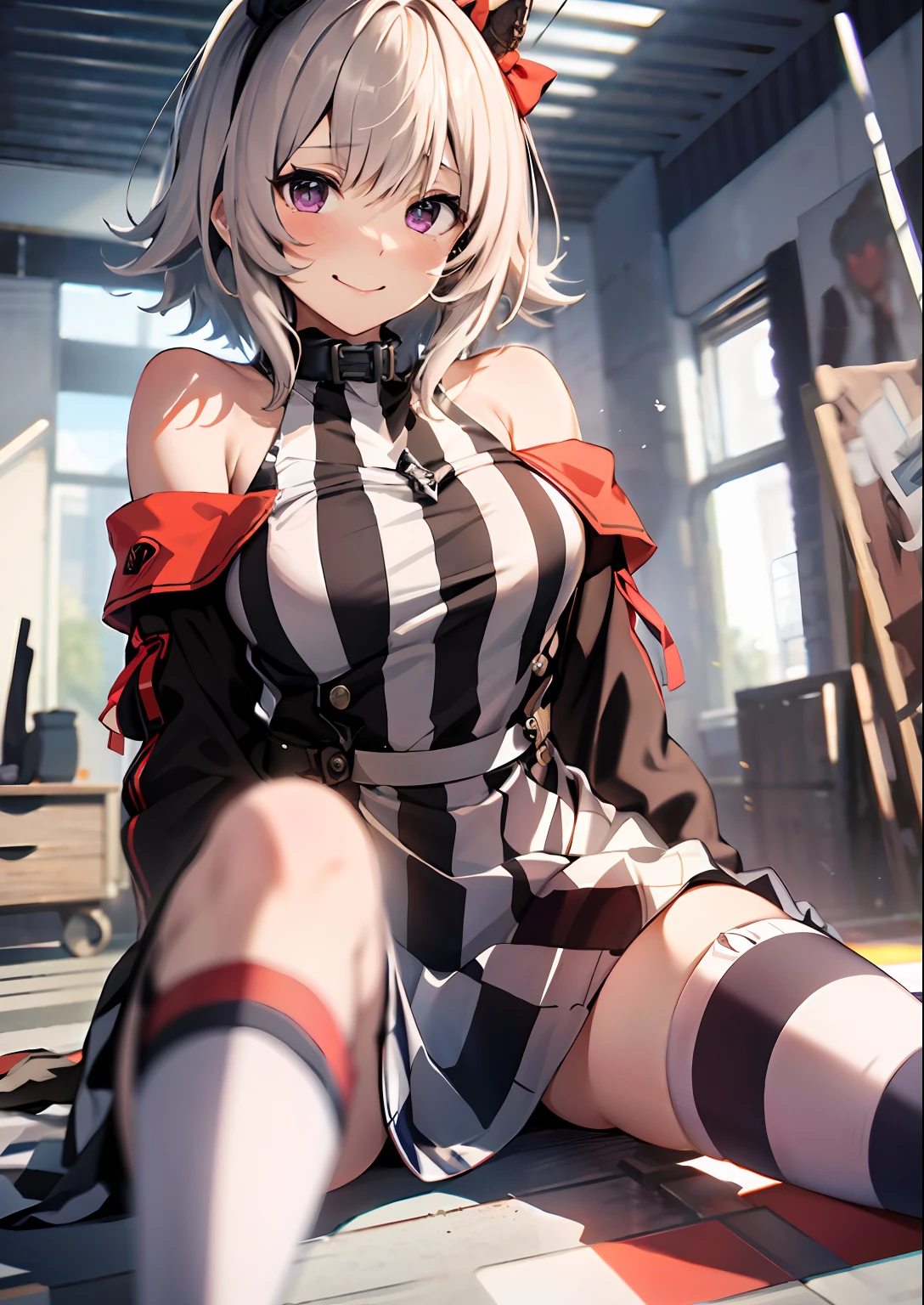 ((top-quality、​masterpiece:1.3))、{{​masterpiece}}、illustratio、top-quality、white  hair、
Karen-chan \(Umamusume\), A smile, Park,Racing Wear、Bewitching smile:1.4、red blush、Shy look:1.4、blush all over the face（embarrassed from）、frustration:1.4、rape face、upward-eyed、blush around the nose、Kamimei:1.4、
vertical-striped dress、Black and white dress、bare shoulders​、off shoulders、long-sleeve、Dresses with collar、gloves、knee sox、dynamicposes:1.4、knee sox、独奏、inside in room