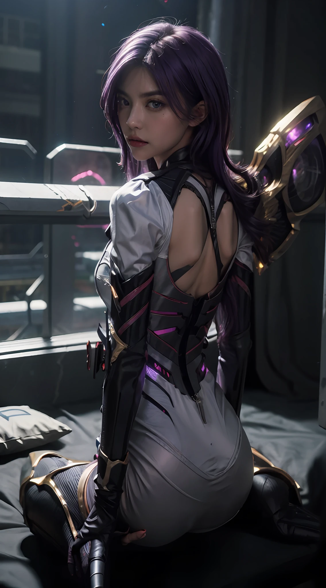 1girll，Kai'Sa，league of legend，Casa，Purple wings，Deep purple hair，Purple eye，Serious expressions，intense glare，looking at viewert，from back，（dynamicposes），(Wings of the Void)，arma，tmasterpiece，the Extremely Detailed CG Unity 8K Wallpapers，best qualtiy，32K，Focus Clear，Cyber City，neonlight，light circles，Void Realm，Anger to the bone，dewpoint，frontage，lovemaking，Shy，perspire