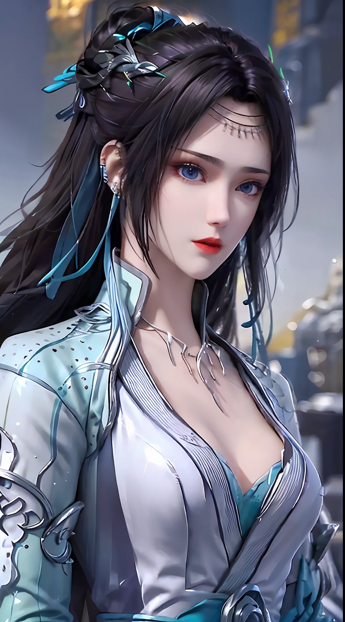 1 hot sexy beautiful girl in blue hanfu silk blouse, blue silk top with white pattern, white lace trim, purple black long ponytail, blue aura on the girl's back, hair jewelry, ear jewelry, necklace and necklace, big blue eyes meticulously made up, thin eyebrows, extremely detailed and sharp eye makeup, high nose, pretty red lips, no smile, pursed lips, rosy cheeks, enlarged breasts, large breasts, well-proportioned breasts, slim waist, blue mesh socks, wide sleeves, (2 straight arms: 1.7), Chinese hanfu style, art motifs fantasy, vivid and true colors, RAW photos, realistic photos, ultra-high quality 8k surreal photos, (wonderful lighting effects: 1.8), 10x pixels, magic effects (background): 1.8) , super detailed eyes, upper body girl, girl portrait, alone girl, hanfu historical background,