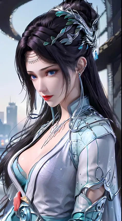 1 hot sexy beautiful girl in blue hanfu silk blouse, blue silk top with white pattern, white lace trim, purple black long ponyta...