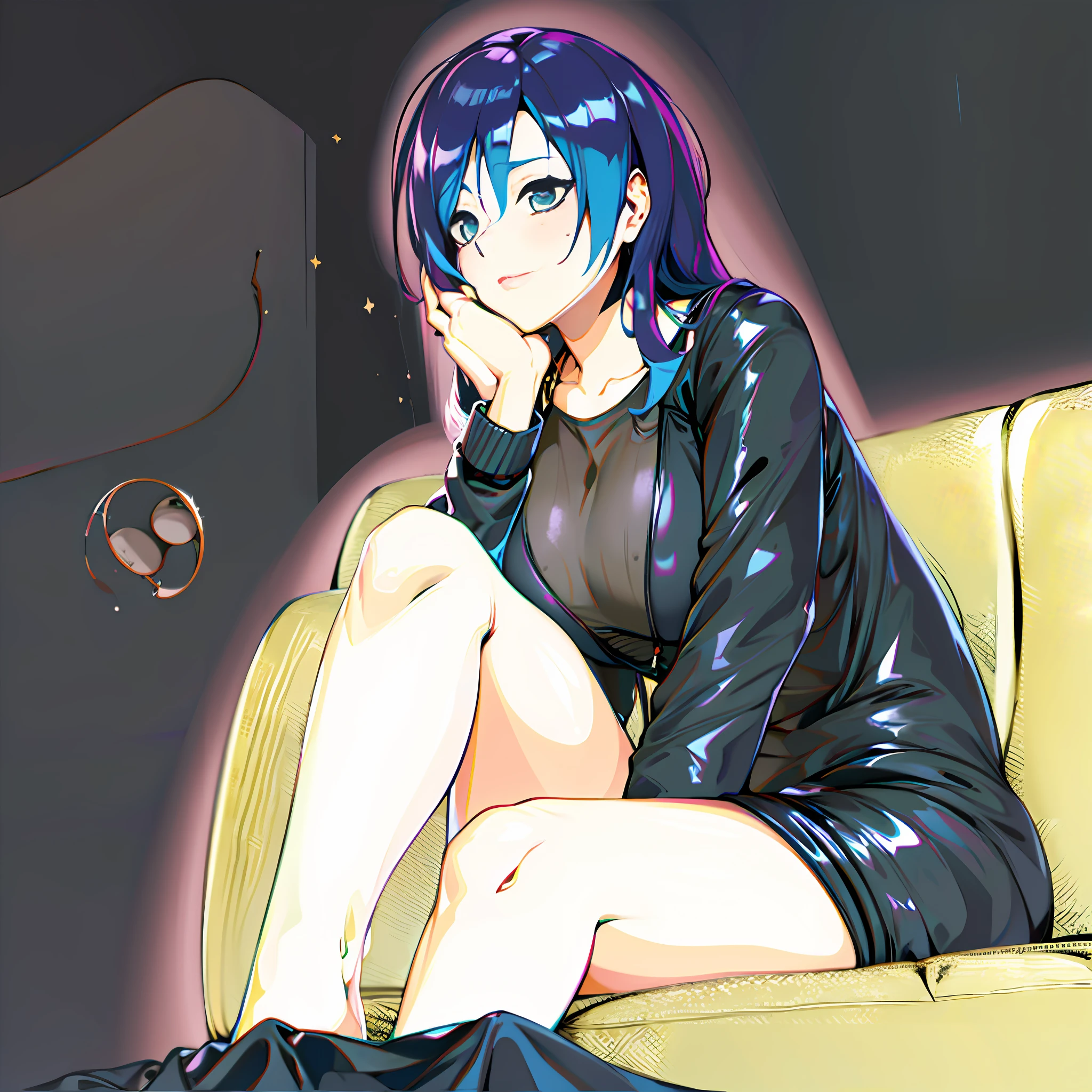 anime girl sitting on a диван with her legs crossed, По мотивам Муны Хошиновой, 2D стиль аниме, сделано в студии аниме-художника, аниме Мо артстиль, [ Цифровое искусство ]!!, в стиле аниме, в стиле аниме, инструмент для рисования сай!! синий, аниме артстиль, cel — затененный художественный стиль, неизвестный художественный стиль, sitting on the диван (единство ГГ, 8к обои, ультра HD, шедевр, Лучший хайлайт, Холодный свет), (гостиная, диван, Тусклый свет,Фиолетовая стена), (1 девушка,Один) ((синий medium hair, с зелеными мелированными волосами), Светлая кожа, симметричное лицо, Красота для лица (глаза высокой детализации, зеленые глаза)), (морда кирпичом), ((большая грудь, Лучший рисунок тела, толстое тело, толстая нога), (в черной куртке-джемпере), (обнаженная голая нога)), Вид спереди правый край ботом.