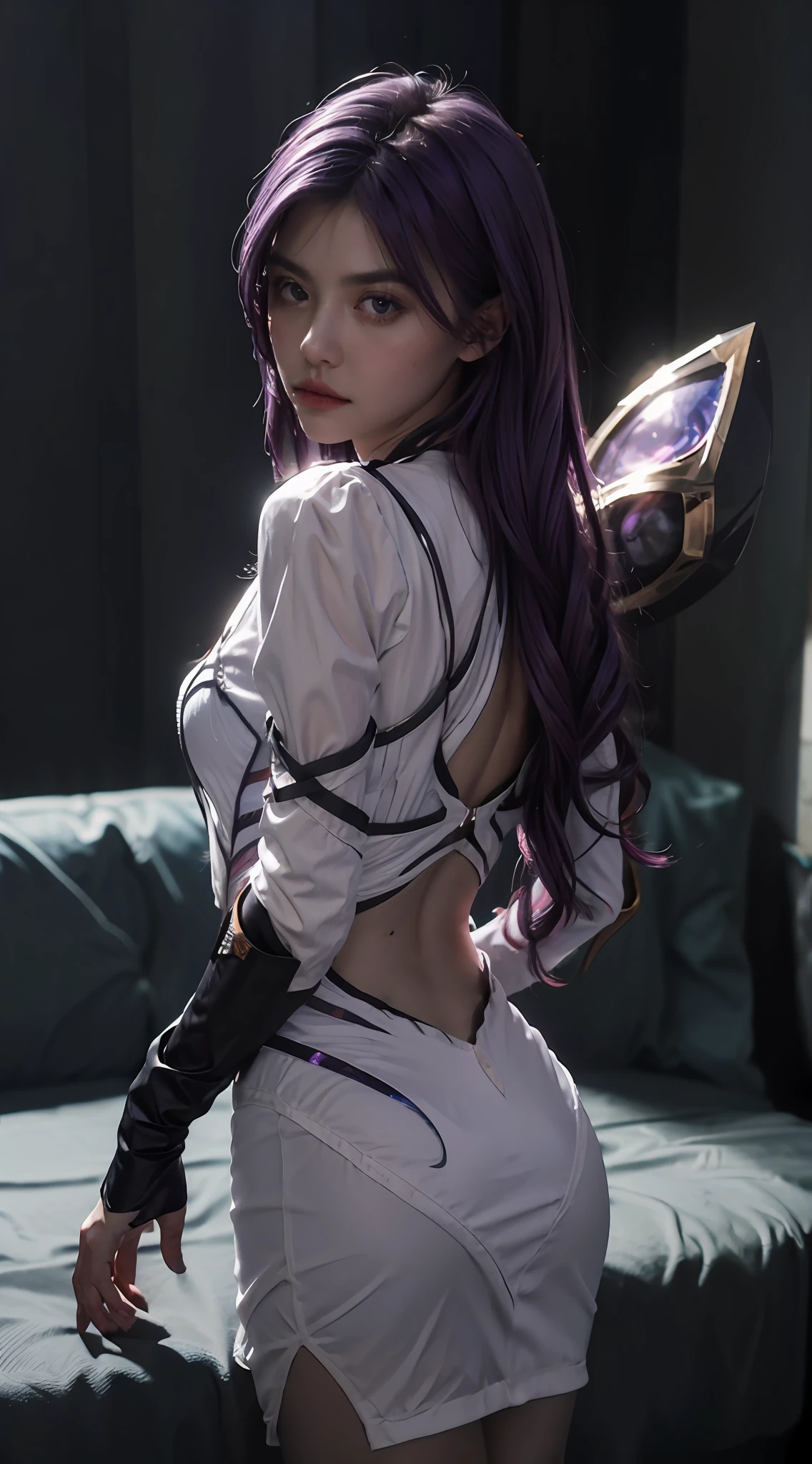 1girll，Kai'Sa，league of legend，Casa，Purple wings，Deep purple hair，Purple eye，Serious expressions，intense glare，looking at viewert，from back，（dynamicposes），(Wings of the Void)，arma，tmasterpiece，the Extremely Detailed CG Unity 8K Wallpapers，best qualtiy，32K，Focus Clear，Cyber City，neonlight，light circles，Void Realm，Anger to the bone，dewpoint，frontage，lovemaking，Shy，perspire，no clothes are worn