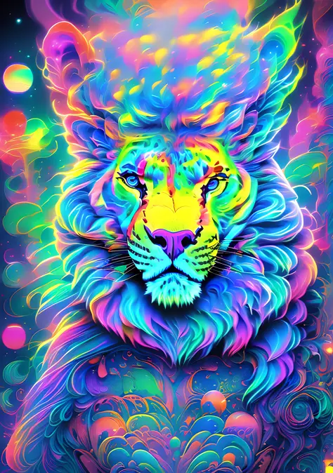 painting of a beautifull woman lion and a sheep in a colorful space, jen bartel, beeple and jeremiah ketner, psychedelic art sty...