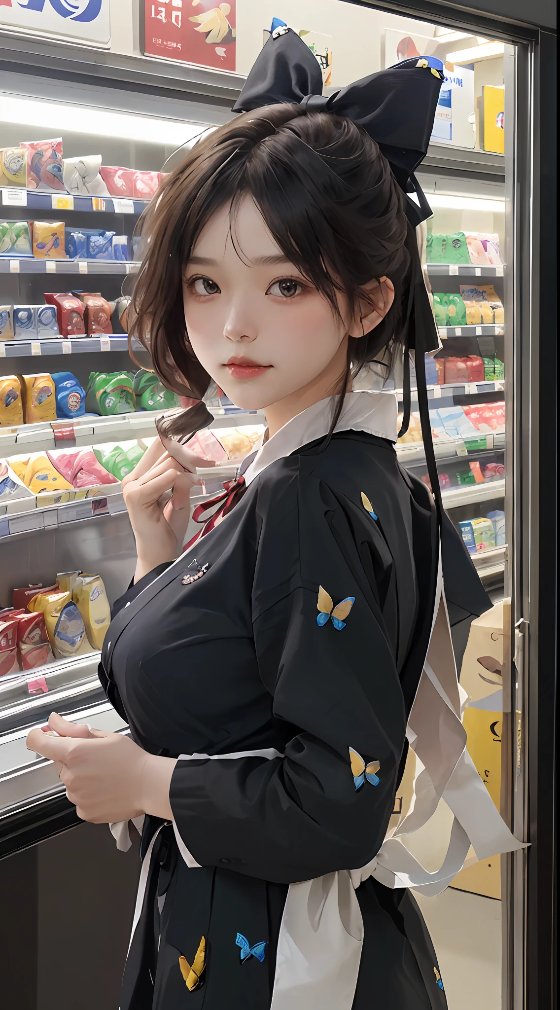 top-quality、​masterpiece、超A high resolution、(Photorealsitic:1.4)、1girl in、Convenience store clerk、enticing、looking in camera、(((shorth hair)))、(((Large ribbon)))、((Ribbon like a butterfly))、Inside a convenience store
