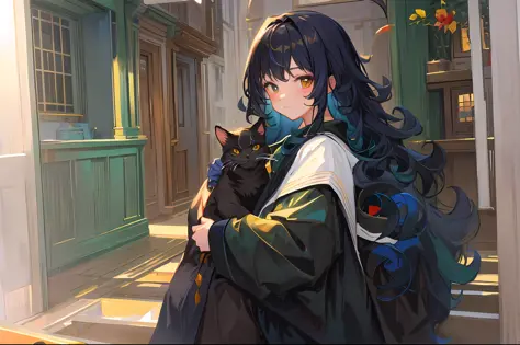 Anime character with long black hair holding a cat in the doorway