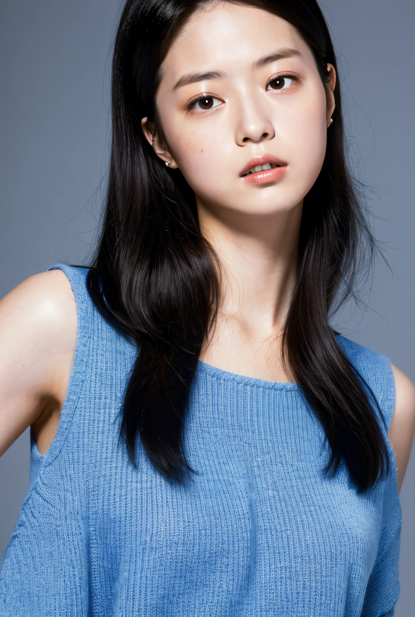 (masterpiece, realistic, ultra high res, high quality:1.2),
1girl, (young),(no make-up), black hair,
portrait, old photo, 80s style , dynamic pose, studio,
((akinanakamori))