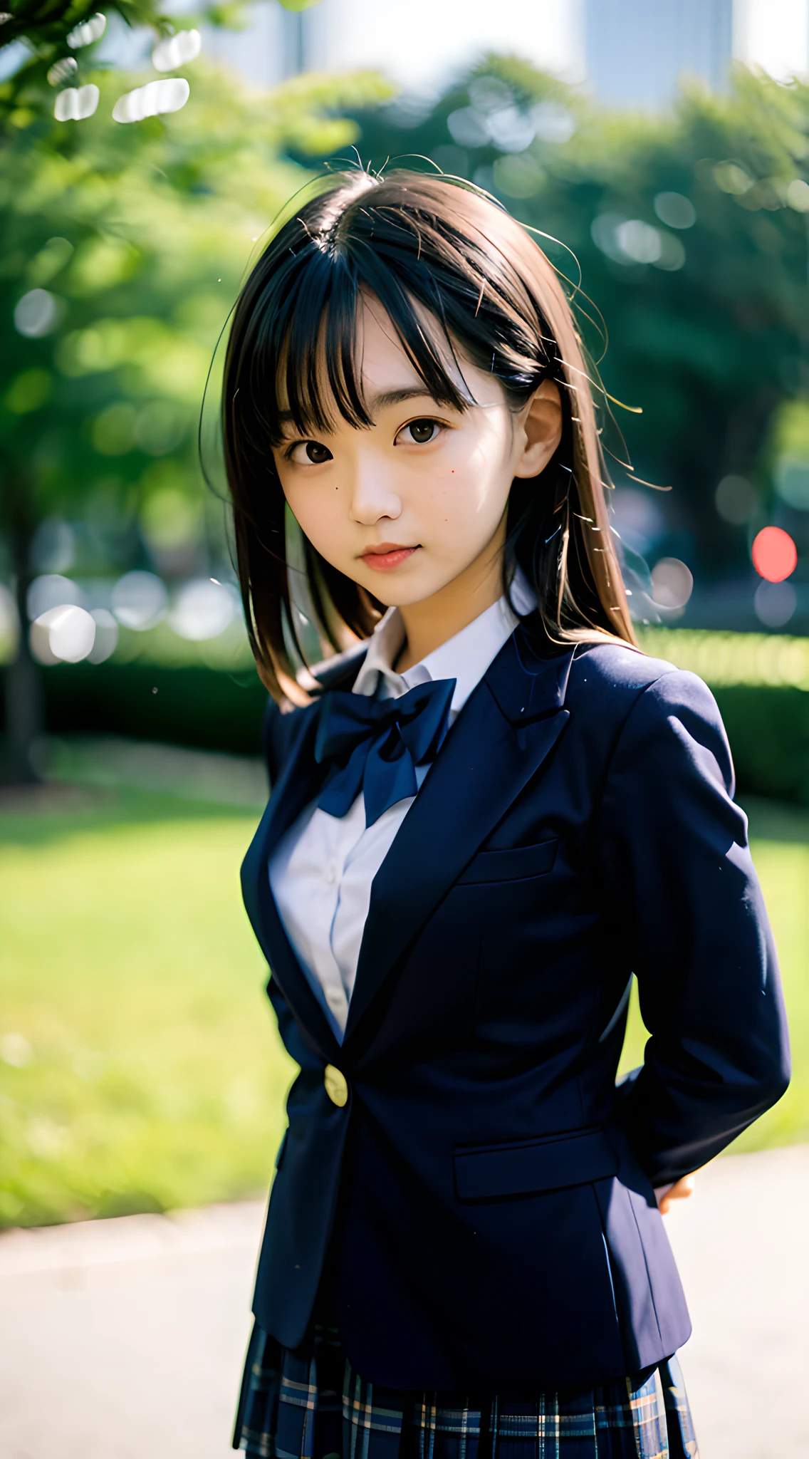 (masterpiece, best quality:1.4), award winning portrait, 8k, 85mm, solo, beautiful face, delicate girl, school uniform, (dark navy blazer jacket, arms behind back, close up face:1.2), dark navy skirt, long sleeve, violaceaess, gardeniass, elegance, sophisticated, (smile:0.7), cute, teen, looking at viewer, 18yo, raw photo, absurdres, HDR, sharp focus, bow tie, bokeh background