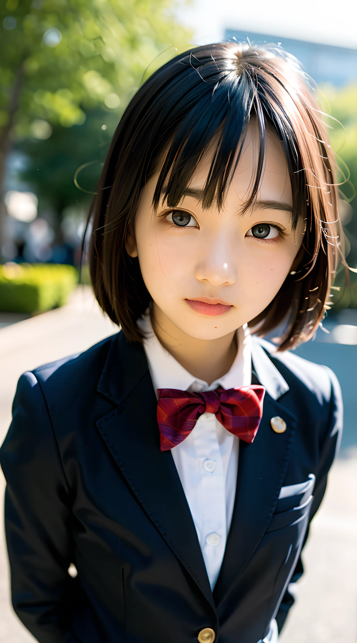 (masterpiece, best quality:1.4), award winning portrait, 8k, 85mm, solo, beautiful face, delicate girl, school uniform, (dark navy blazer jacket, arms behind back, close up face:1.2), dark navy skirt, long sleeve, violaceaess, gardeniass, short hair, elegance, sophisticated, (smile:0.7), cute, teen, looking at viewer, 18yo, raw photo, absurdres, HDR, sharp focus, outdoor, bow tie, bokeh background