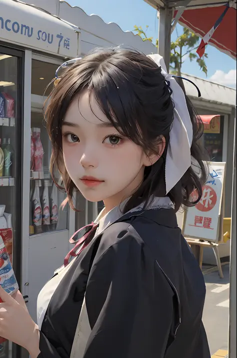 top-quality、​masterpiece、超A high resolution、(Photorealsitic:1.4)、1girl in、Convenience store uniform、enticing、looking in camera、(((shorth hair)))、(((Large ribbon)))、((Ribbon like a butterfly))、Inside a convenience store