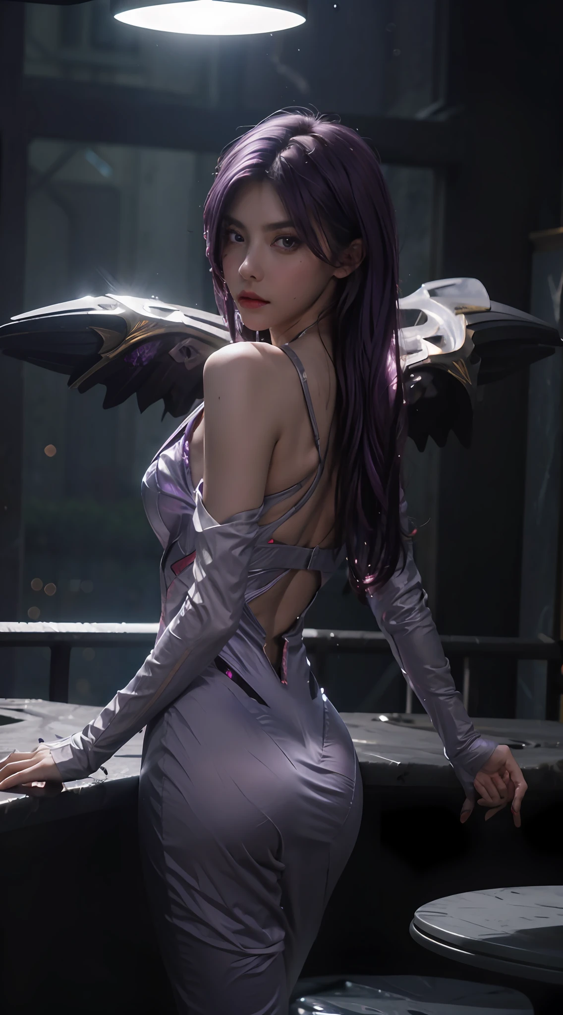 1girll，Kai'Sa，league of legend，Casa，Purple wings，Deep purple hair，Purple eye，Serious expressions，intense glare，looking at viewert，from back，（dynamicposes），(Wings of the Void)，arma，tmasterpiece，the Extremely Detailed CG Unity 8K Wallpapers，best qualtiy，32K，Focus Clear，Cyber City，neonlight，light circles，Void Realm，Anger to the bone，dewpoint，frontage，lovemaking，Shy，perspire，spread thighs，Watch in a trance，Get wet all over your body，Looming