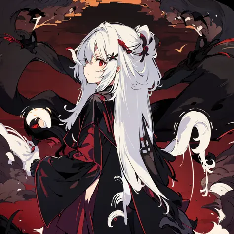 White hair，Ancient wind，Q version，Red eyes，Background ink wind，Taoist，Red and black robes，Ink wind，Black clouds